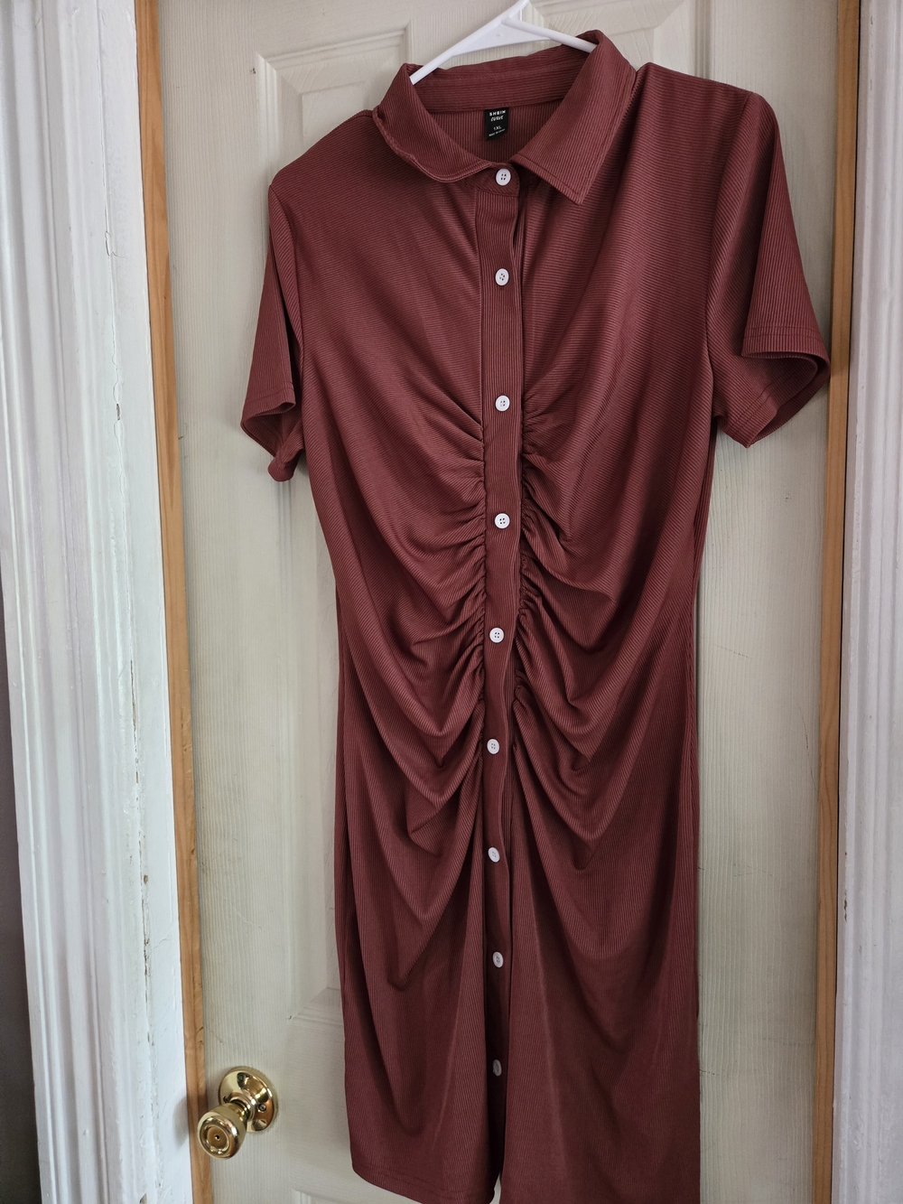 SHEIN Ruched Button-Front Mini Dress in Brick Red